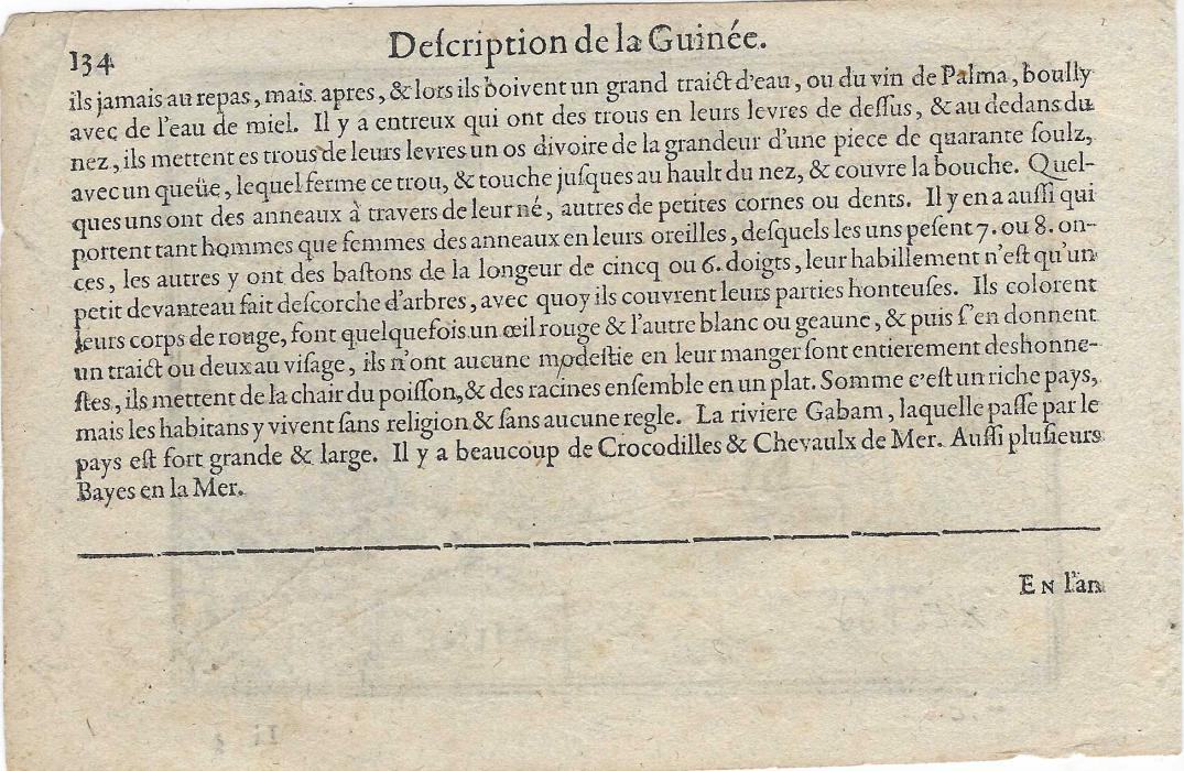 Spanish Guinea Circa 1600 black and white Map (123 x 88mm) entitled ‘La Guinee’ showing the Island of Fernando Poo, with description of Guinee on reverse