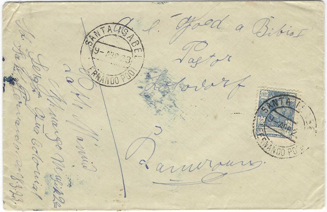 Fernando Poo 1923 (9 Abr) military envelope to Lolodorf, French Camerouns, franked 25c. tied by Santa Isabel cds, arrival backstamp.