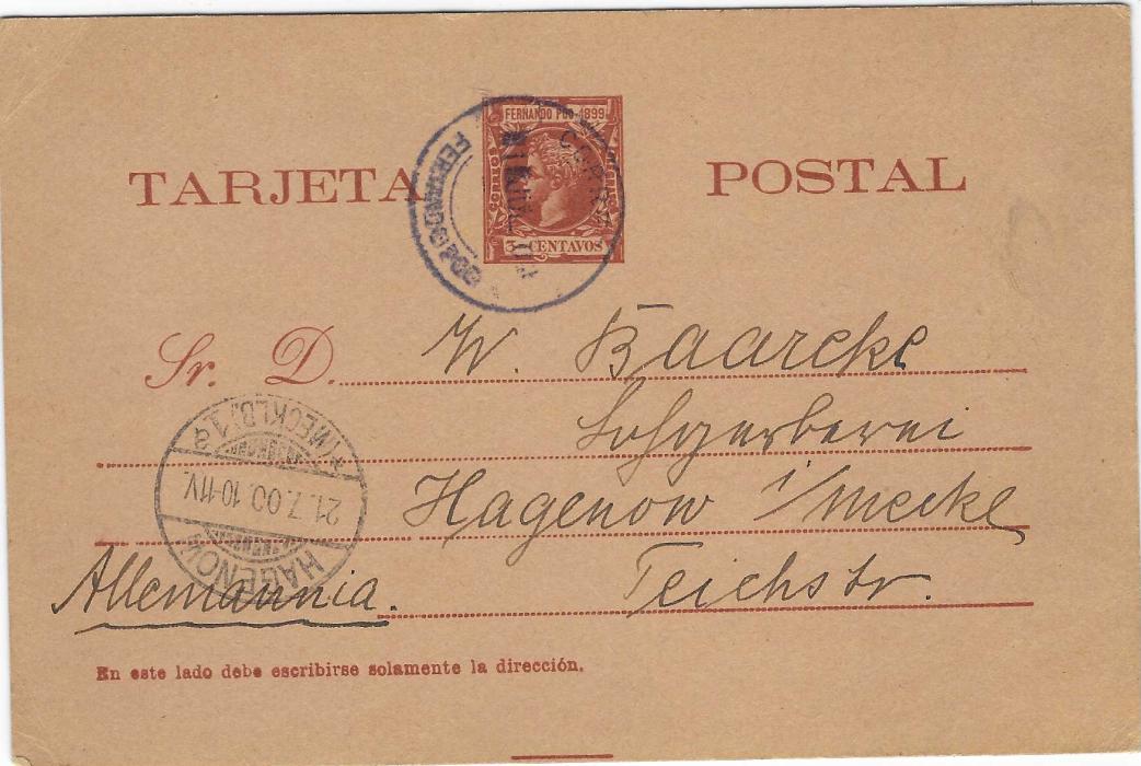 Fernando Poo 1900 (1 Jul) 3c. Alfonso XIII postal stationery card of 1899 used to Hagenow (Mecklb.) Germany tied by blue-grey cds, arrival cancel at left; full message on reverse, fine and scarce.