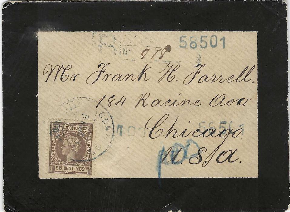 Fernando Poo 1903 registered mourning envelope to Chicago franked 1912 50c. brown tied by Fernando Poo cds in blue, registration handstamp at top, arrival backstamps.