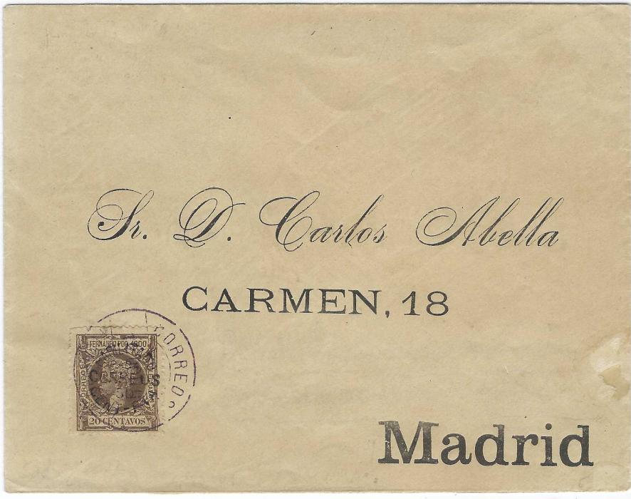 Fernando Poo 1900 pre-printed envelope to Madrid bearing 50c. on 20c. circular surcharge tied violet Correos Fernando Poo, arrival backstamp.