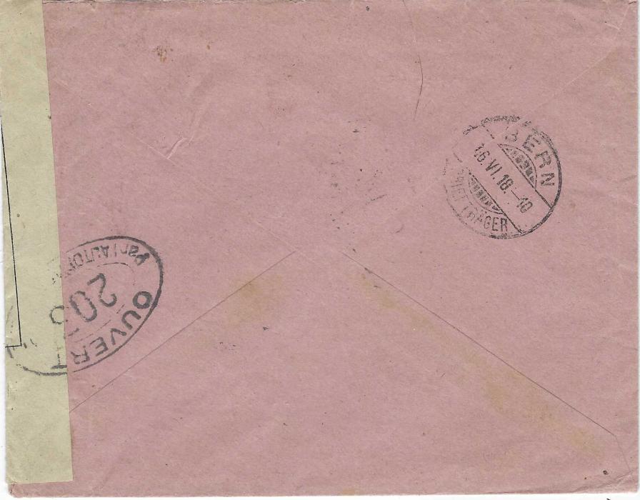 Spanish Guinea 1918 envelope addressed to “Bureau International de la Paix” Berne, Switzerland franked 1917 overprinted Alfonso XIII 25c. blue tied rhomboid of dots, French censorship with cachet front and back, arrival backstamp.
