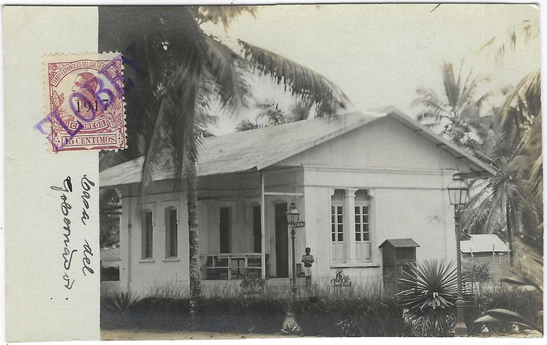 Spanish Guinea Undated photographic picture postcard of Governor’s Residence franked by 1917 overprinted 15c. Alfonso XIII tied by straight-line ‘ELOBEY’ handstamp in violet, addressed to Avignon; fine condition.