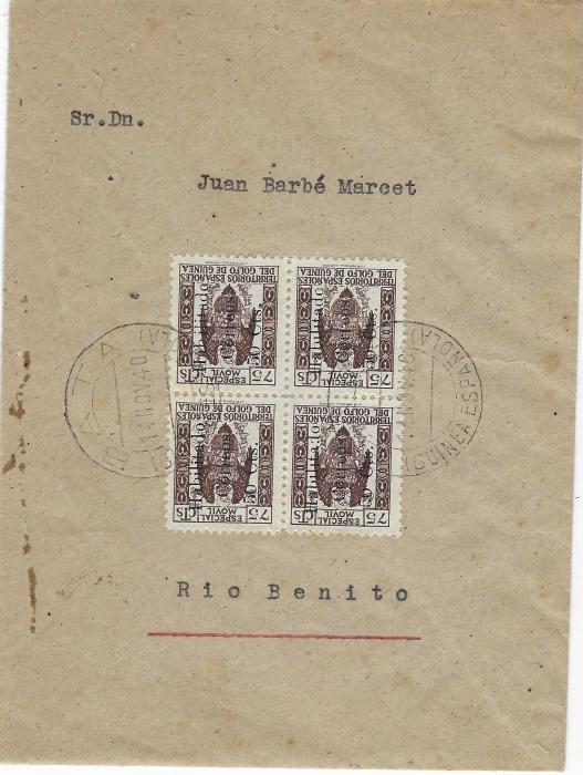 Spanish Guinea Two 1940 envelopes sent to Rio Benito, 10 days apart  both franked with pstal fiscals, one with 25c. on 60c. and the other 50c. on 75c., both with surcharge reading down in a block of four tied Bata cds, each with arrival backstamp.