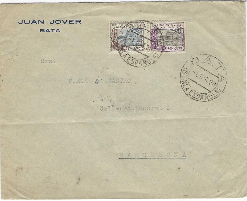 Spanish Guinea 1928 commercial over to Barcelona, franked 5c. and 20c. tied Bata (Guinea Espanola) cds, reverse with Santa Isabel (Fernando Poo) transit and unclear machine arrival; light horizontal filing crease.