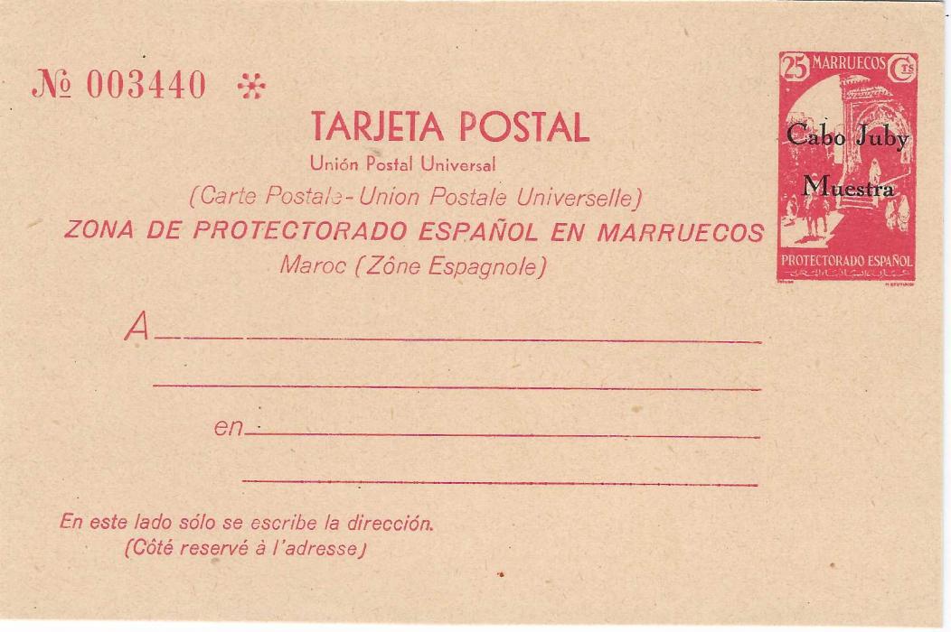 Cabo Juby 1933 15c. and 25c. Spanish Morocco overprinted picture postal stationery cards ‘Cabo Juby/ Muestra’ in one operation very fine unused ex a postal archive, never mounted. Only 400 were printed.