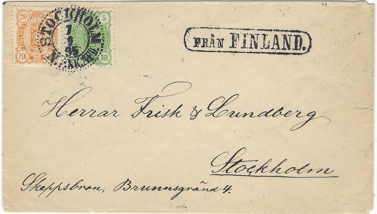 Sweden (Maritime) 1895 incoming envelope from Finland franked 5pen and 20pen cancelled on arrival by Stockholm datestamp, to right framed ‘Fran FINLAND’ in association.