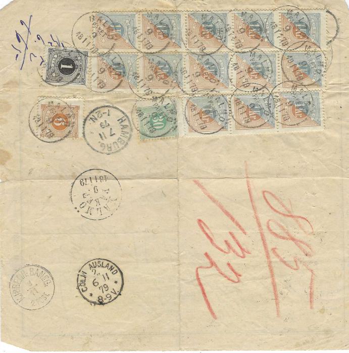 Sweden 1879 folded parcel form from Paris to Malmo, routed via Cologne and Hamburg. Franked on arrival with 1o., 6o. and 30o. plus thirteen 1kr. (vertical strips of five (2) and three) Postage Dues, cancelled by Malmo Paket cds; creasing that affects some stamps, fine appearance.