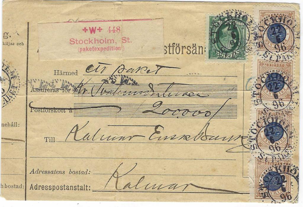 Sweden 1896 (22/6) reduced parcel card Kalmar franked on front 1891 Oscar 5o. and 1886 1Kr. vertical strip of four and on reverse a further block of 10 and two strips of five, all tied by dotted circle Stockholm St. Paket date stamps; horizontal and vertical creases affecting some of the stamps otherwise fine and spectacular.