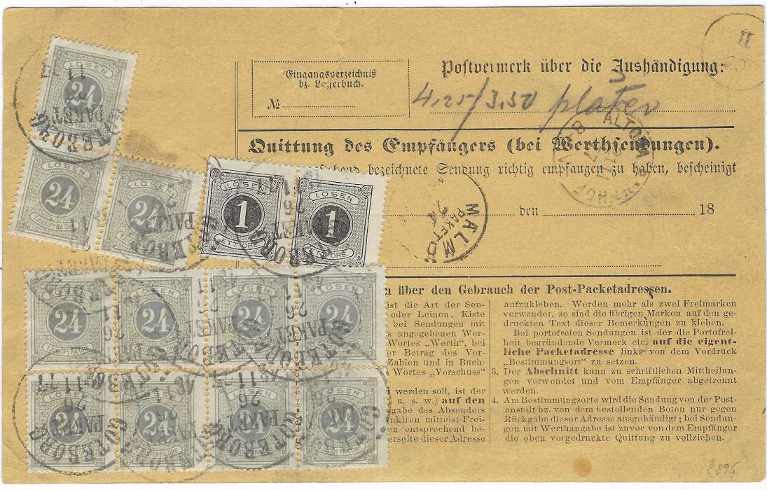Sweden 1877 German parcel card from Berlin to Gothenburg franked on reverse with 1874 Postage Dues 1o. black (2) and 24o. grey in block of eight and irregular block of three tied by Goteborg cds, card with small tear at top. Nils Svensson Certificate.