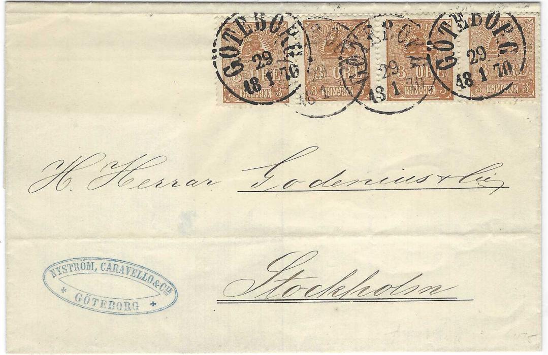 Sweden 1870 (29/1) outer letter sheet to Stockholm franked strip of four 3o. (Three type II and one type III) tied by Goteborg date stamp; very fine.