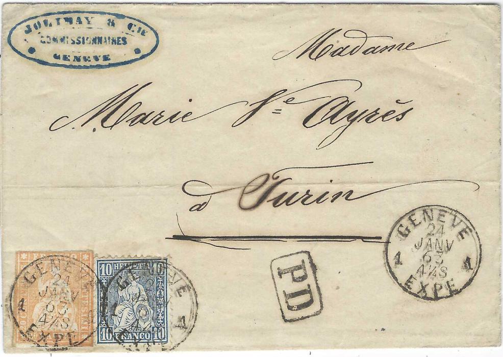 Switzerland 1863 (24 Janv) outer letter sheet to Turin, Italy franked ‘Strubel’ 20r. orange and ‘Sitting Helvetia’ 10r. blue tied by Geneve Expe cds, Torino arrival backstamp; some filing creases clear of stamps, a scarce mixed franking, Rellstab Cert.