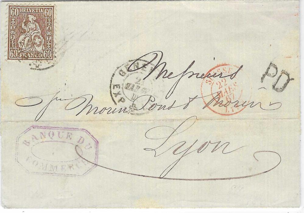 Switzerland 1867 outer letter sheet to Lyon franked ‘Sitting Helvetia’ 60c. tied by Geneva cds, unframed PD and red French entry cds Suisse Lyon, arrival backstamp.