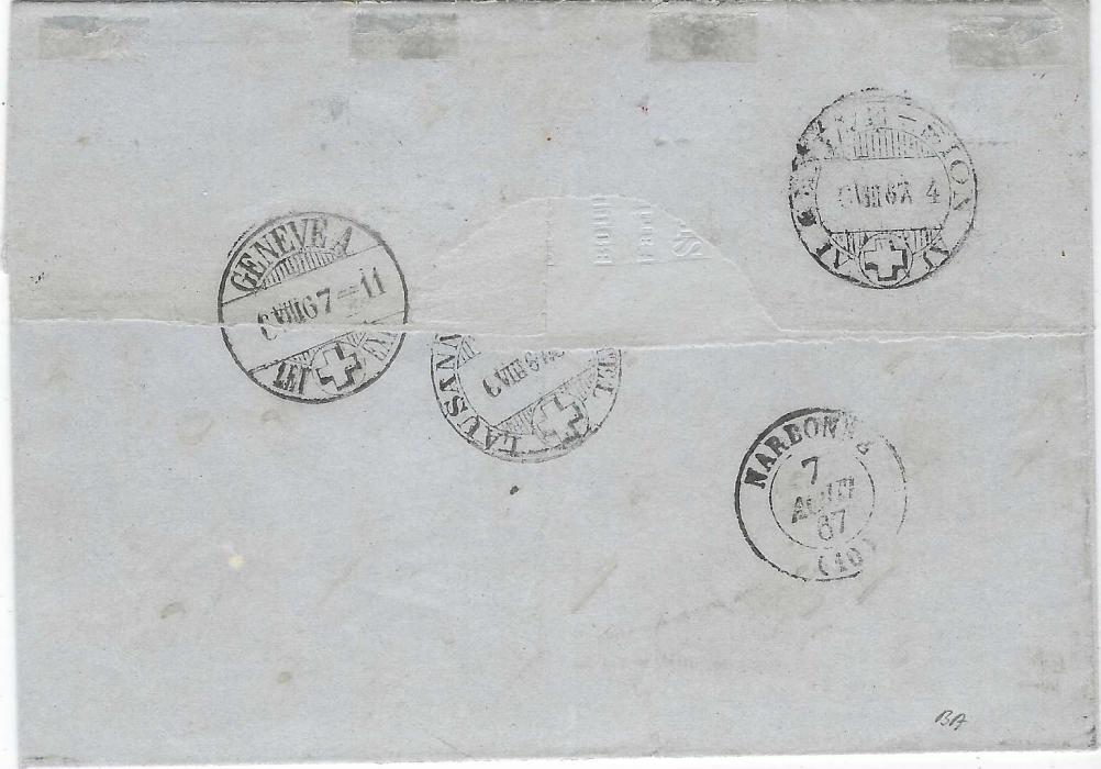 Switzerland 1867 (6 Aout) entire to Narbonne, France bearing sigle-franking ‘Sitting Helvetia’ 30c. blue tied St Croix cds with another strike alongside, unframed P.D, Suisse Amb. Marseille E tpo at right, reverse with Swiss tpo’s, Geneva transit and arrival cds.