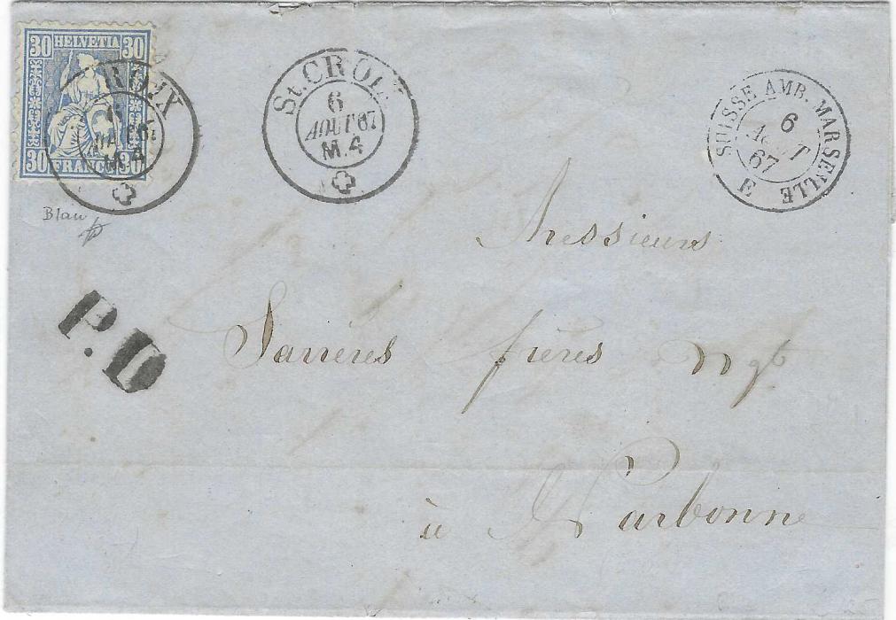 Switzerland 1867 (6 Aout) entire to Narbonne, France bearing sigle-franking ‘Sitting Helvetia’ 30c. blue tied St Croix cds with another strike alongside, unframed P.D, Suisse Amb. Marseille E tpo at right, reverse with Swiss tpo’s, Geneva transit and arrival cds.