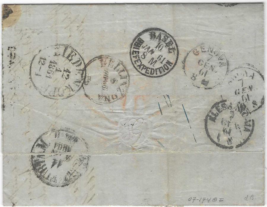 Switzerland 1861 entire from Naples  to Wallau, Germany with good strike of framed oval handstamp ‘Debours/ Transit Suisse, part Schwei/ T.T. framed handstamp at right, annotated at top “Per Vapore Diretto via Genova”, various Italian, Swiss and German transit backstamps; some ageing.