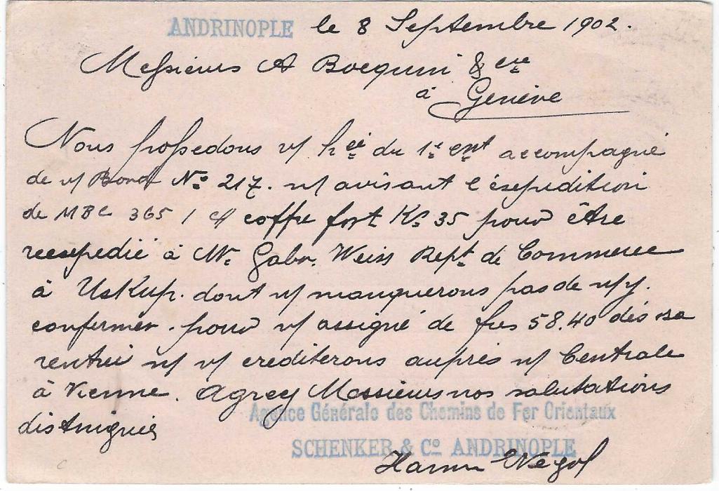 Bulgaria (Ottoman Empire) 1902 (8 Sept) 20pa. postal stationery card to Geneva cancelled with negative cancel, Andrinople cds to left, reverse with blue handstamp ‘Agence Generale des Chemins de Fer Orientaux’, good condition.