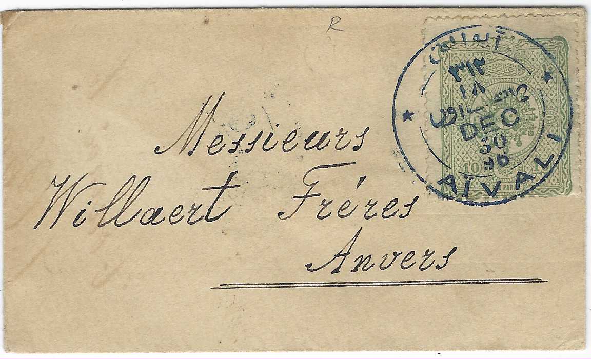 Turkey 1896 (Dec 30) small calling card envelope to Anvers, Belgium franked 10 paras tied Aivali cds, Galata transit backstamp.