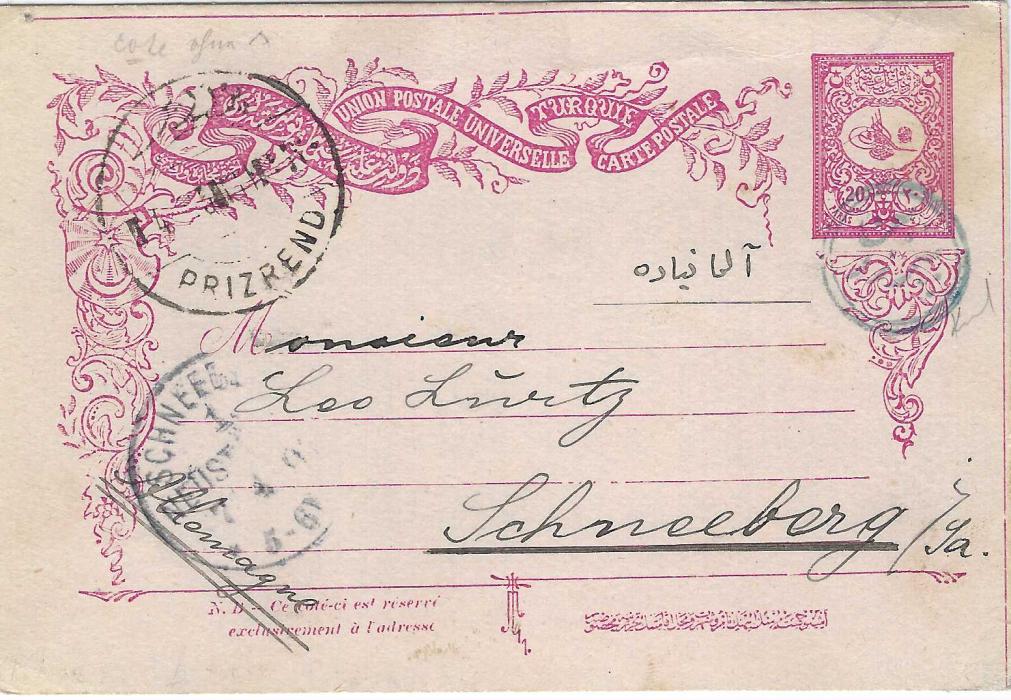 Kosovo (Kosovo) 1905 20pa. postal stationery card to Schneeberg, Germany cancelled by blue negative seal of Prizrend with bilingual cds at left, above the arrival cds; small pinhole top left otherwise fine.