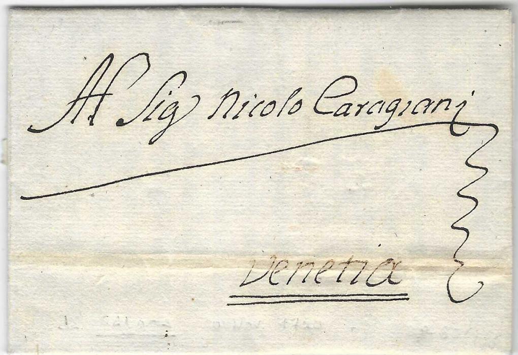 Turkey 1720 entire from Galata to “Sig Nicolo Caragiani” at Venezia; a fine and fresh early clearly written legible letter.