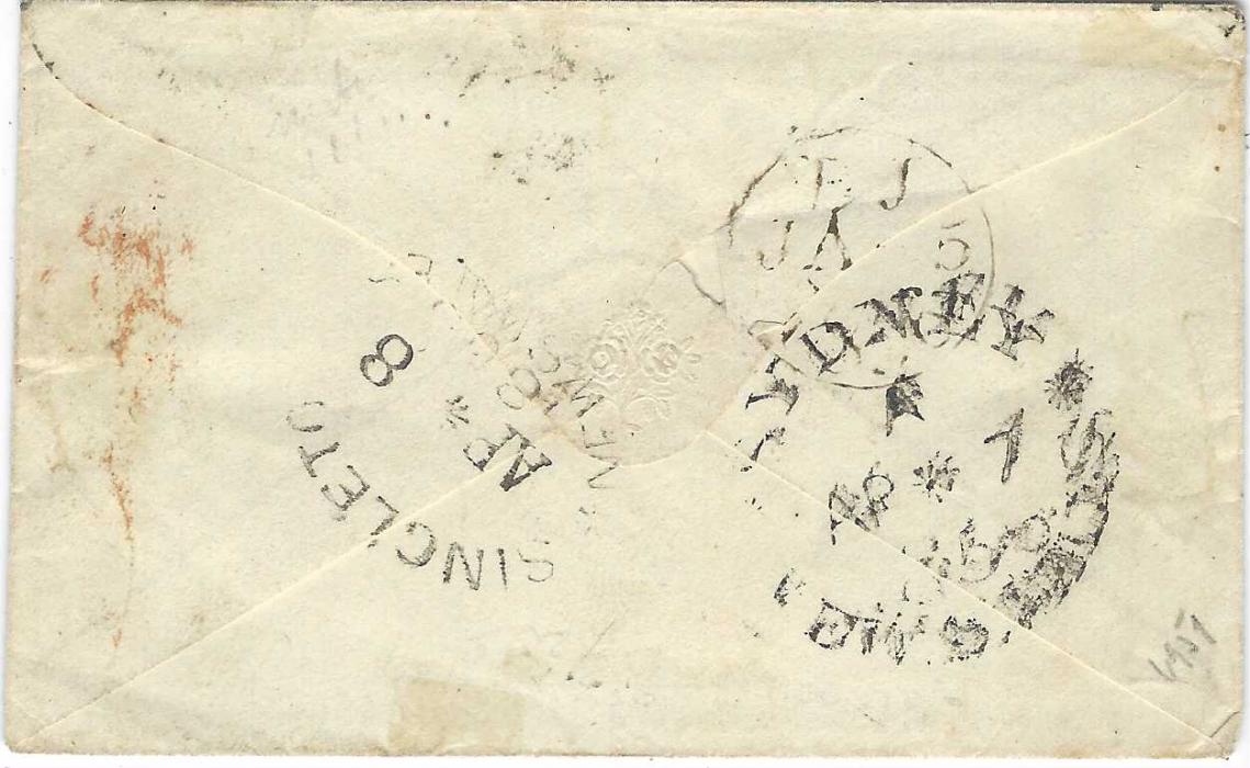 Great Britain 1856 envelope to Sydney franked 6d. Embossed, margins clear to touched, with barred numeral ‘23’ cancel, tied by ‘1d’ handstamp for local fee to Singleton. Manuscript note at left “3rd Secry. Mr. Russell, Paris” could indicate carried privately to UK. Full Oliva certificate.