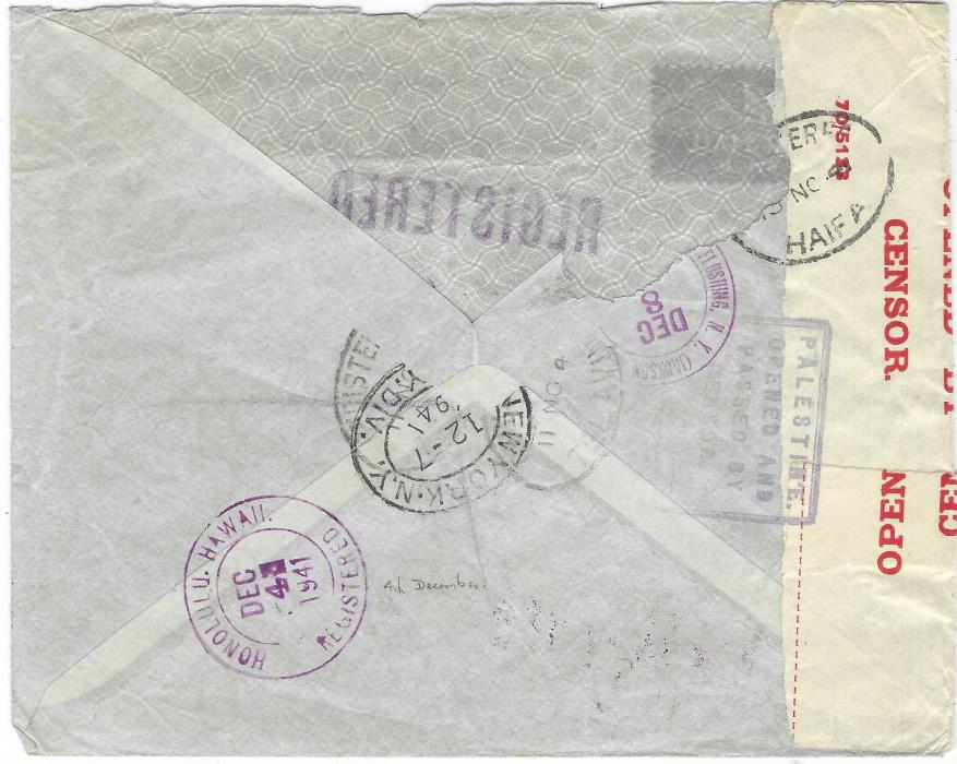 Hawaii 1941 (11 NO) Palestine registered censored airmail cover Tel Aviv to New York, routed via the Pacific  with violet transit cds Honolulu Hawaii Registered of Dec 4th, the last Pacific flight, a few days before Pearl Harbour. The backflap largely missing