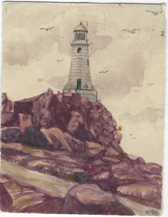 Great Britain (Hand Painted Envelopes) 1910-12 group of five from the Daisy Theakston correspondence, addressed to Manor Park, Essex with illustrations of lighthouse, ship at sea, forest scene, sailing barge and rough sea. Envelopes with faults from mounting.