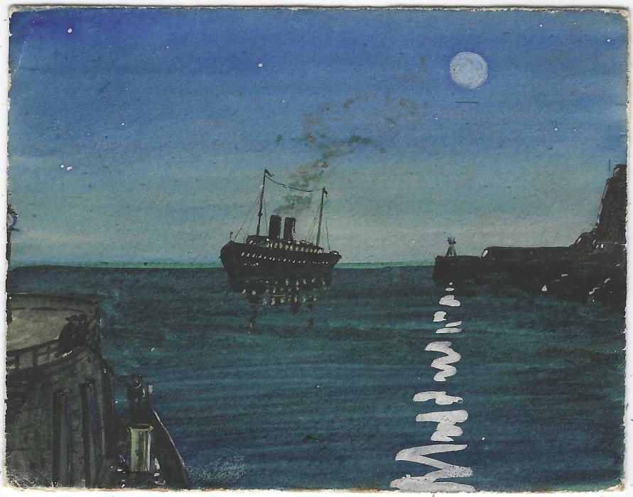 Great Britain (Hand Painted Envelopes) 1910-12 group of five from the Daisy Theakston correspondence, addressed to Manor Park, Essex with illustrations of lighthouse, ship at sea, forest scene, sailing barge and rough sea. Envelopes with faults from mounting.