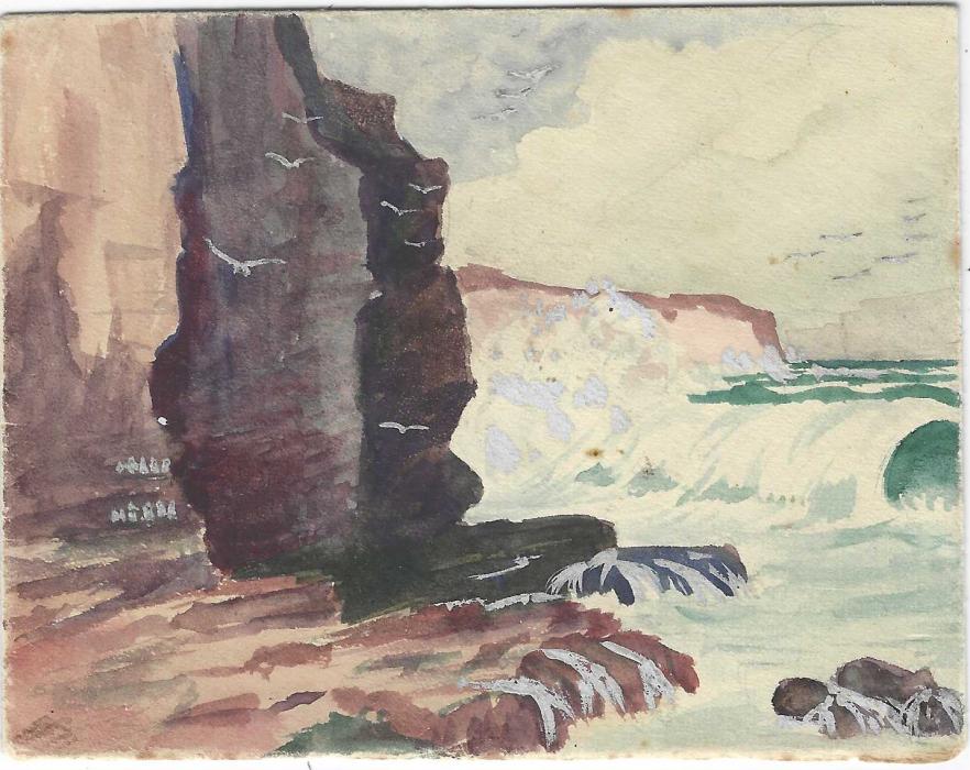 Great Britain (Hand Painted Envelopes) 1910-12 group of five from the Daisy Theakston correspondence, addressed to Manor Park, Essex with illustrations of lighthouse, ship at sea, forest scene, sailing barge and rough sea. Envelopes with faults from mounting.