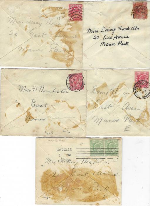 Great Britain (Hand Painted Envelopes) 1910-12 group of five from the Daisy Theakston correspondence, addressed to Manor Park, Essex with illustrations of lighthouse, ship at sea, forest scene, sailing barge and rough sea. Envelopes with faults from mounting.