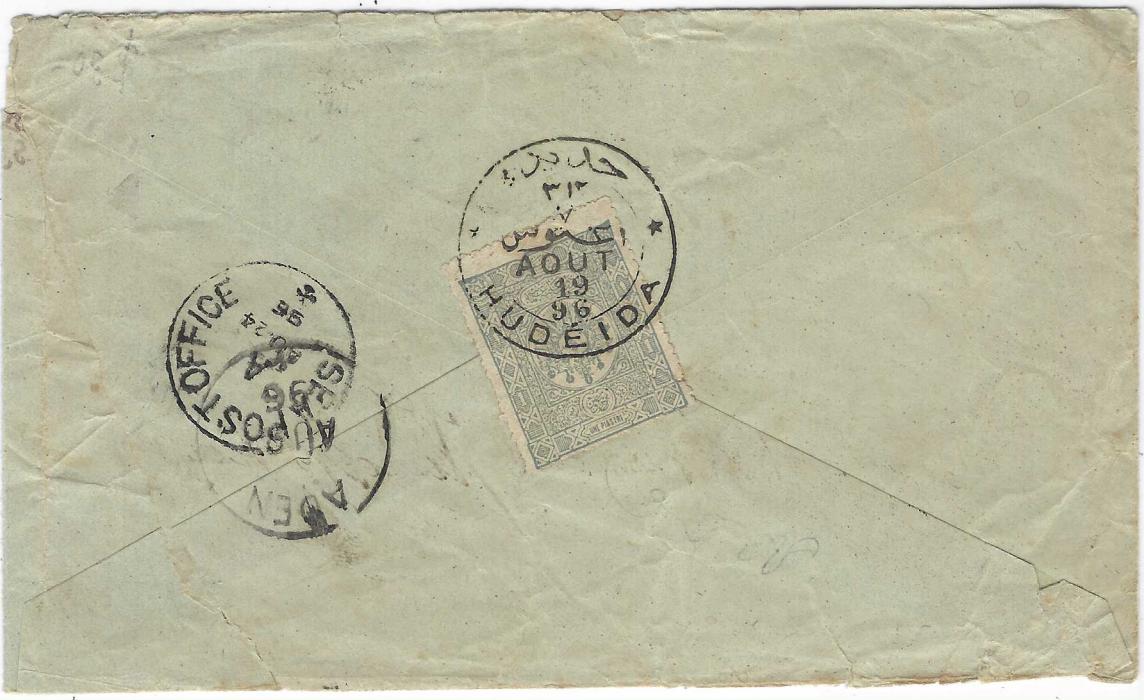Yemen (Ottoman Empire) 1896 (Aout 19) cover to Bombay franked on reverse by Turkish 1892 1pi. dull blue with bilingual Hudeida cds, type IIId, with Aden transit at left overstruck by Sea Post Office transit; roughly opened at left but fine quality cancel.