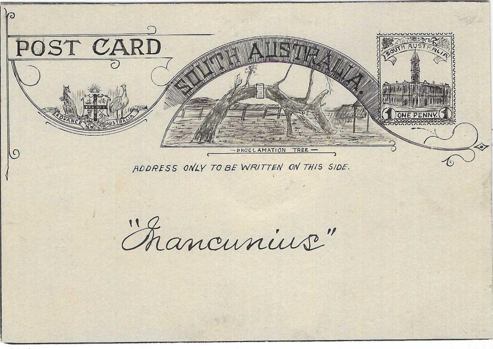 Australia (South) 1890s postal stationery postcard Essay  hand-painted in black ink on card with stamp impression 1d. with Post Office, at left Kangaroo and Emu Arms and at centre ‘Proclamation Tree’, endorsed “Mancunius” at centre, central mounting remains, fine quality drawing.