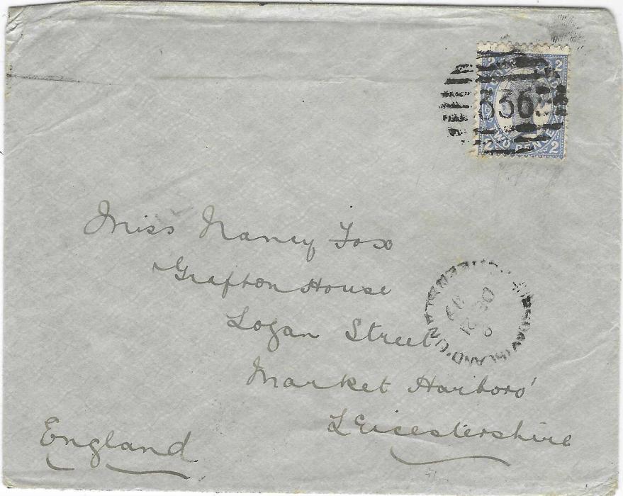Australia (Queensland – Thursday Island) 1909 (DE 21) cover to Market Harboro, England bearing single franking 2d. blue tied fine legible ‘336’ numeral obliterator with Thursday Island cds in association below, reverse with Victoria Hong Kong transit and arrival cds.