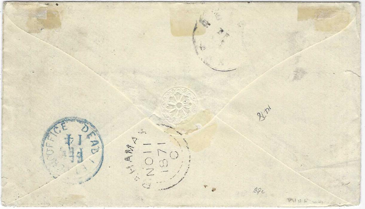 Bahamas 1871 cover to Helena, Mont., USA bearing 1863-77 perf 12½ 4d. dull rose tied by clear‘A05’ numeral obliterator, reverse with Panama transit of British Post Office (NO 11), front with N.Y. Steamship 3 transit (NO 19), arrival cds at left (Dec 13), framed ‘ADVERTISED’ and ‘UNCLAIMED’ and straight-line NOT FOUND, reverse with blue DEAD LETTER OFFICE Feb 14