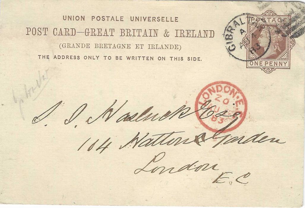 Gibraltar 1883 (AU 4) 1d British postal stationery card used to London bearing Gibraltar ‘A26’ duplex with arrival cds below, with short non-philatelic message on reverse; some slight top right corner bending but generally good fresh condition.