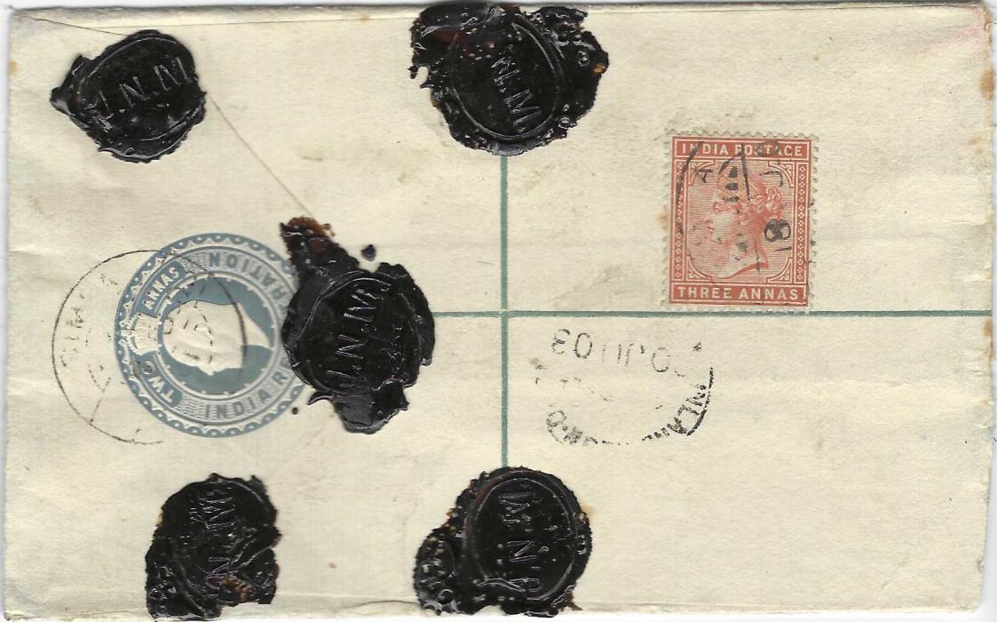 India 1903 2a. postal stationery registration envelope to Bombay, insured for 500 rupees, additionally franked 1892-97 1r., 1902 4a. on front and 1882-90 3a. on reverse tied Simla cds. A couple of slight toes at edge of envelope, slightly cut down at left.