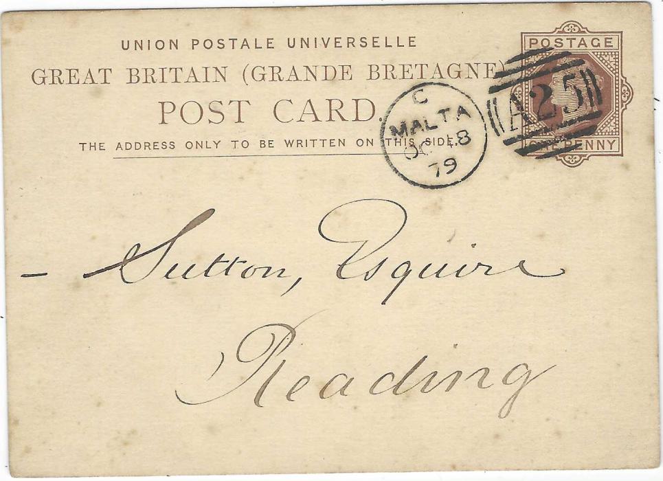 Malta 1879 (OC 18) British 1d. brown stationery card to Reading neatly cancelled by A25 Malta duplex with message asking for  Bulbs Guide and Price List. Some slight ageing.