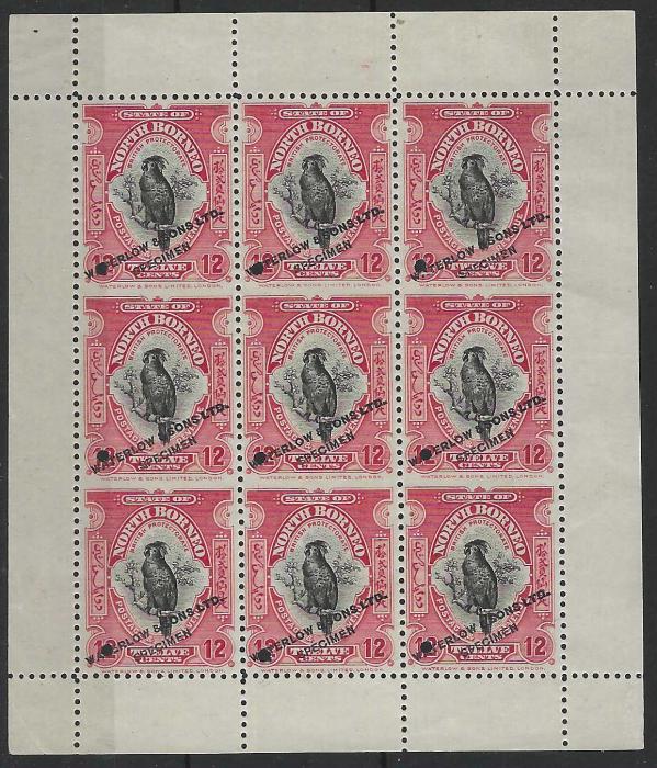 North Borneo 1909-23 Waterlow & Sons perforated proof of 12c. ‘Palm Cockatoo’ in unissued colours of red and black in complete sheetlet of nine, each stamp overprinted ‘Waterlow & Sons Ltd Specimen’ with small punch hole in corner, the stamps within the sheet are imperforate horizontally between each other but not margin, fresh unused without gum. Very rare.