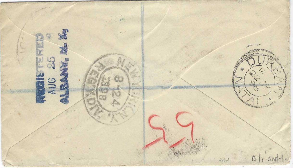 South Africa (Natal) 1898 (JY 21) registered cover to Albany, N.Y., USA franked 1882-89 1d. and pair 3d. grey tied by Eshowe Zululand cds, red London transit, reverse with Durban and New York transits plus arrival cds; fine condition. (Zululand was annexed to Natal on 31st December 1897).