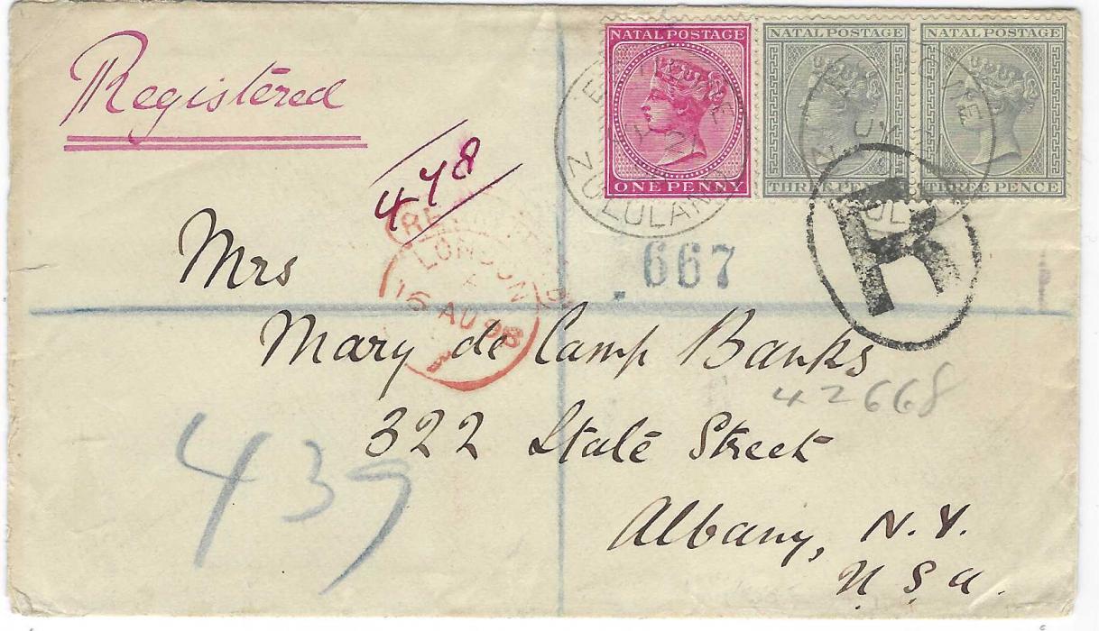 South Africa (Natal) 1898 (JY 21) registered cover to Albany, N.Y., USA franked 1882-89 1d. and pair 3d. grey tied by Eshowe Zululand cds, red London transit, reverse with Durban and New York transits plus arrival cds; fine condition. (Zululand was annexed to Natal on 31st December 1897).