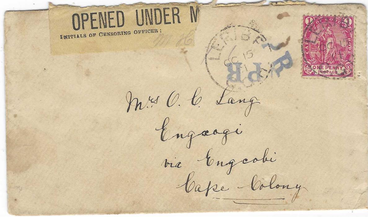 South Africa (Cape of Good Hope - Basutoland) 1901 internal Cape Colony cover franked 1d. ‘Hope’ tied Leribe C.G.H. cds, two blue PR handstamps and part of ‘Opened Under Martial Law’ tape at top.