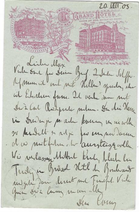 Belgium (Advertising Stationery) 1905 (21 Aout) 10c. postal stationery card with advert on reverse for ‘Grand Hotel, Knocke Sur Mer’ fine used to Germany, redirected on arrival .
