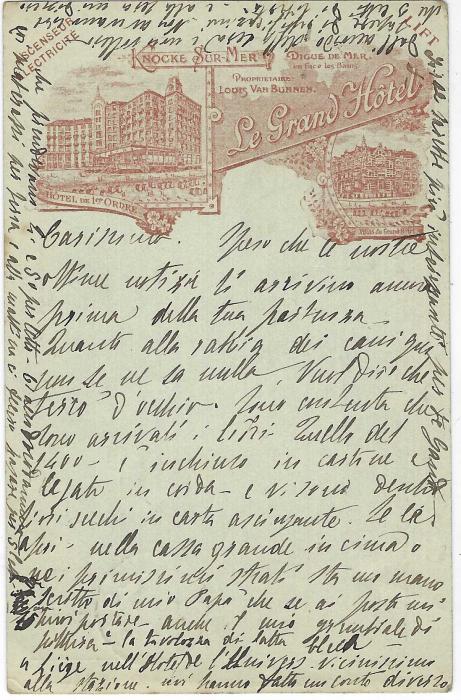Belgium (Advertising Stationery) 1900s 10c. postal stationery card with advert on reverse for ‘Le Grand Hotel, Knocke Sur Mer’ used to Heidelberg, Germany, with long message.