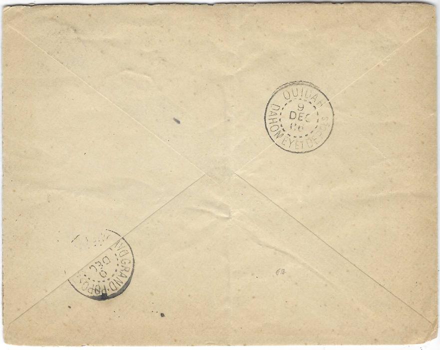 Dahomey 1906 (9 Dec) cover to Paris, endorsed “Via Lome” bearing single franking 1899-1905 10c. cancelled by multi-faceted Paouignan A Cotonou date stamp, reverse with Ouidah Dahomey transit and Grand Popo transit; envelope opened on two sides