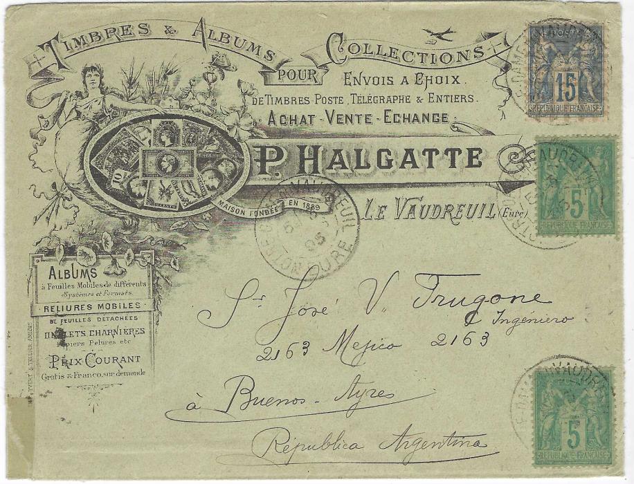 France 1895 illustrated envelope ‘Timbres & Albums Pour Collections’ P.Halgatte used to Buenos Aires, Argentina franked ‘Sage’ 5c. (2) and 15c. tied Vaudreuil cds, envelope opened on left and right side with small part missing at left.