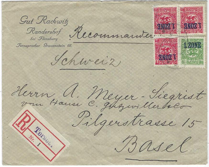 Schleswig (Schleswig) 1920 registered cover to Basel, Switzerland franked ‘1 ZONE’ overprinted 5o. and three 10o. tied faint Torsbol cds with registration label bottom left, both Danish, reverse with arrival cds of 23.VI.