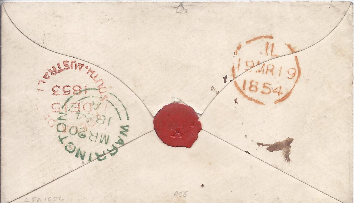 South Australia 1853 cover to Warrington bearing manuscript endorsement 