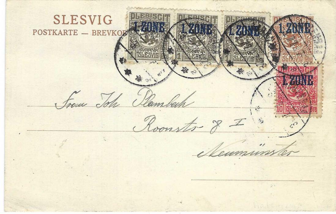 Schleswig (Schleswig) 1920 (3.7.) ‘1 Zone’ 7o postal stationery card to Neumunster uprated with three 1o. and a 10o. tied Aabenraa cds; with full message, some slight toning, a scarce commercial example.