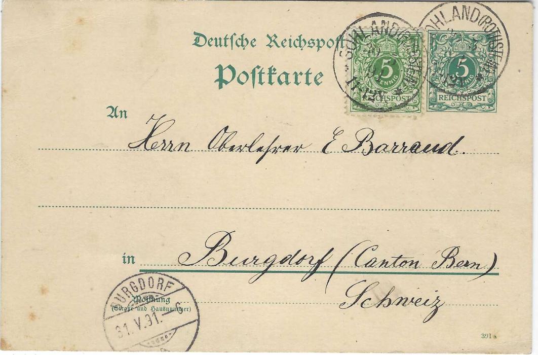 Germany (Picture Stationery) 1891 (30.V.) 5pf. card to Burgdorf, Switzerland additionally franked 5pf. of same design, tied Sohland (Rothstein) cds. Image entitled ‘Gruss vom Rothstein’  showing Restaurant, 454 meter above Baltic Sea; some slight tones. 