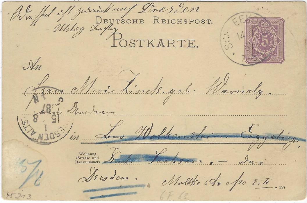 Germany (Picture Stationery)  1887 (14.8.) 5pf. card to Dresden entitled ‘Gruss von der Schneekoppe’ with brown images, tied Schneekoppe cds. A fine early card.